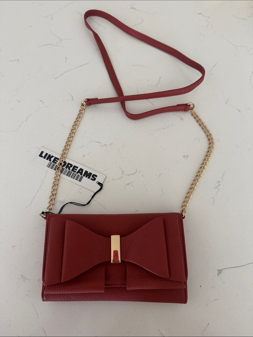 Like Dreams Red Bow-Front Crossbody Bag with Gold Chain